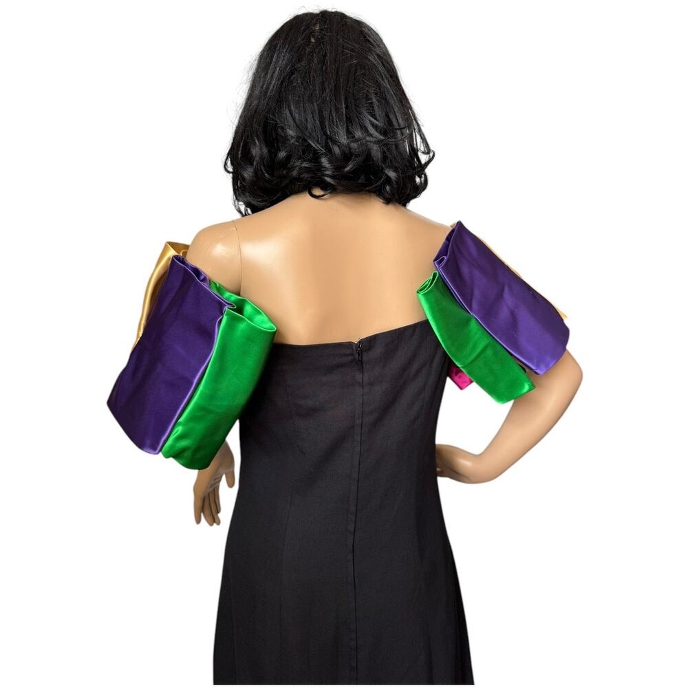 Vintage 80's black with off shoulder multi colors puff satin sleeves size s-m - Picture 5 of 16